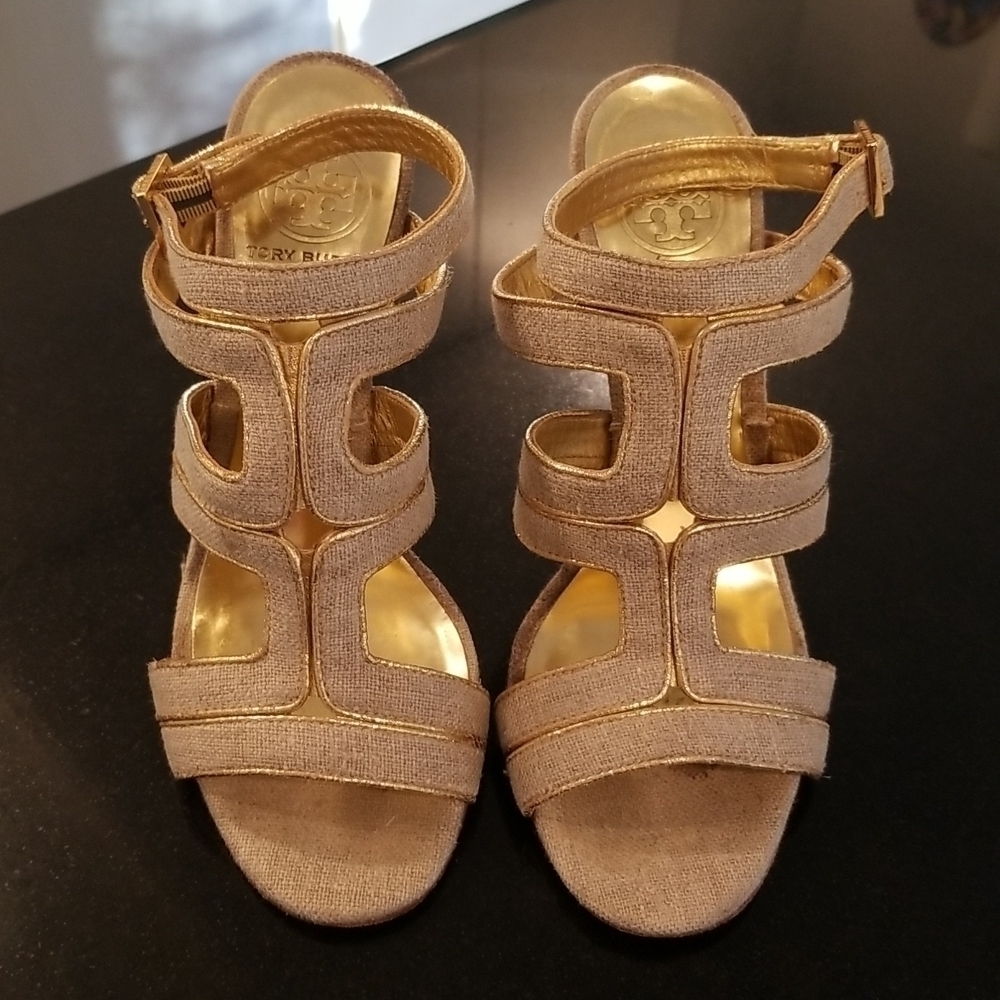 💕TORY BURCH💕 Leather Cage Sandal Heels ~ Open Toe Canvas & Gold 7.5